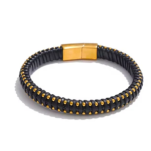 PULSERA LEATHER MATEO BLACK GOLD SLIM