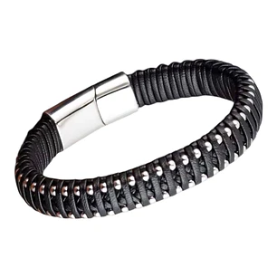 PULSERA LEATHER MATEO BLACK SILVER GROSS