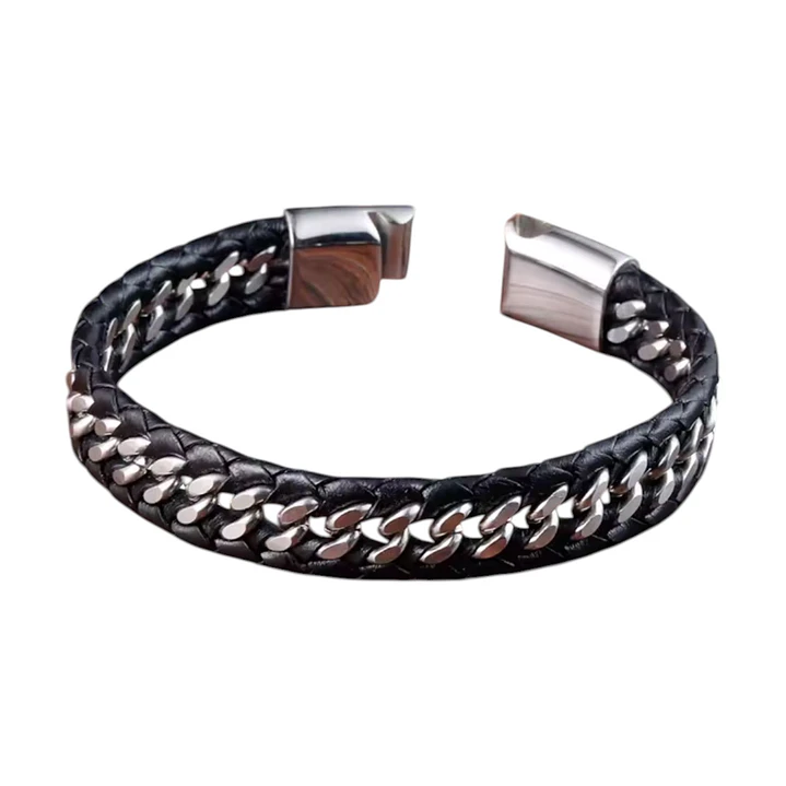 PULSERA LEATHER CARLOS BLACK SILVER GROSS 1