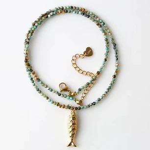 COLLAR COASTAL AMAZONITA FISH  GOLD 45 cm