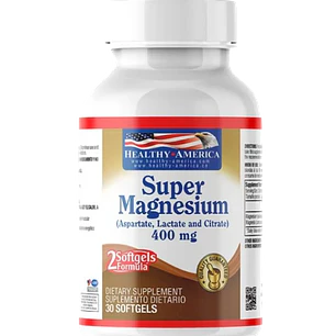 Super Magnesio 400 mg 30 Softgels Citrato Lactato Asparto Healthy America