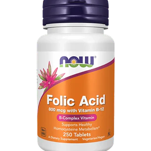 Acido Folico 800 mcg Vitamina B12 250 Tabletas Now