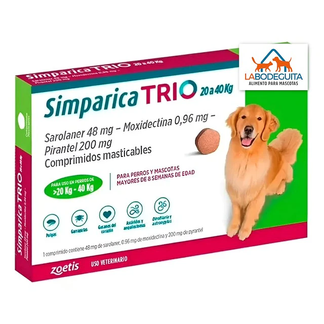 Simparica TRIO 20 a 40 kg – Antiparasitario Interno y Externo
