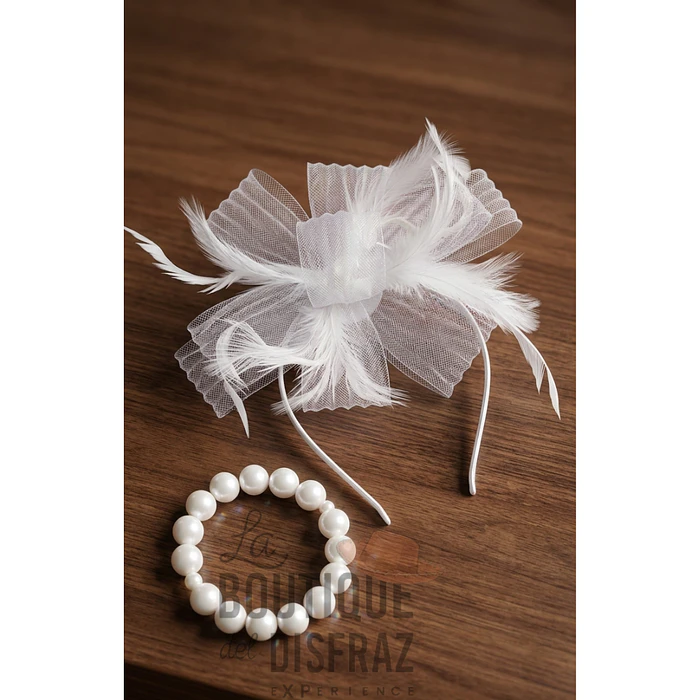 Set de Cintillo con Plumas y Pulsera de Perlas Blancas