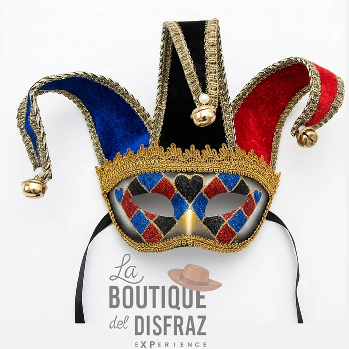 Máscara Veneciana de Arlequín con Gorro de Cascabeles - Rojo, Azul y Negro 1