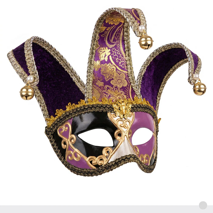 Máscara Veneciana de Arlequín con Gorro de Cascabeles - Morado, Dorado y Negro