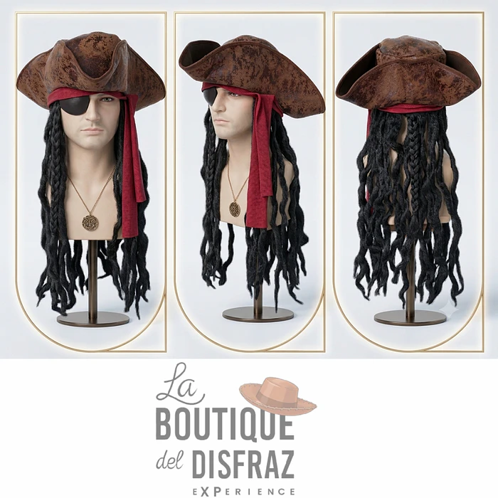 Sombrero Pirata Tricornio con Rastas Negras - Estilo Jack sparrow