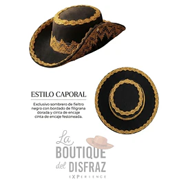 Sombrero Estilo Caporal - Negro con Bordados Dorados