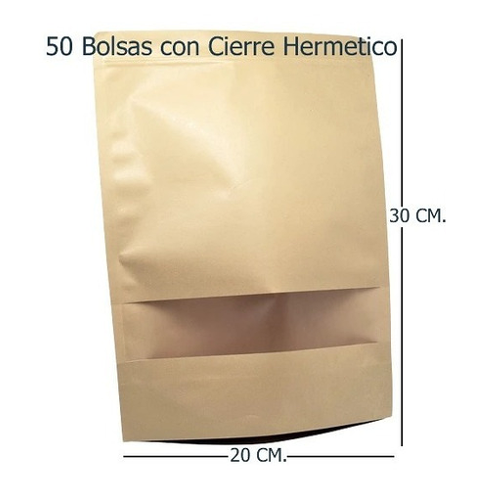 50 Bolsa Kraft Cierre Hermético Doypack 20x30x5cm 