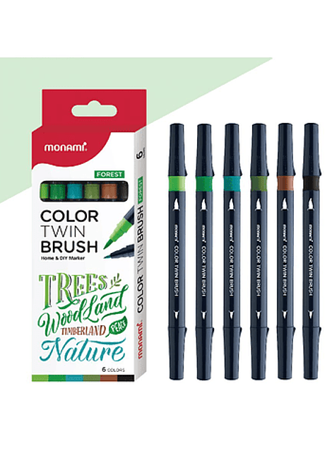 Set de 6 lápices Color Twin Brush Forest, Monami. Punta pincel para lettering.