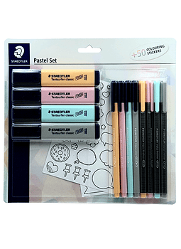 Pastel Set Staedtler, 12 variedades de lápices color pastel: 4 destacadores, 4 rotuladores, 4 tiralíneas y 50 stickers