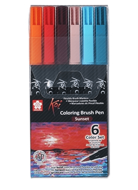 Set de 6 Lápices Brush Punta Pincel Acuarelables Colores SUNSET (Puesta de Sol), Koi, Sakura. Ideales para Lettering y Colorear.