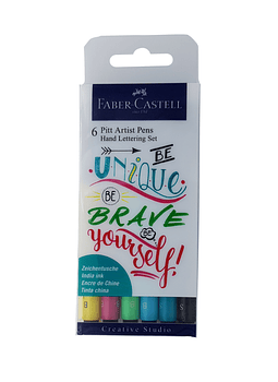 Set de 6 Lápices (4 Brush Punta Pincel y 2 Tiralíneas) Pitt Artist Pens, Faber Castell. Ideales para Lettering y Colorear.