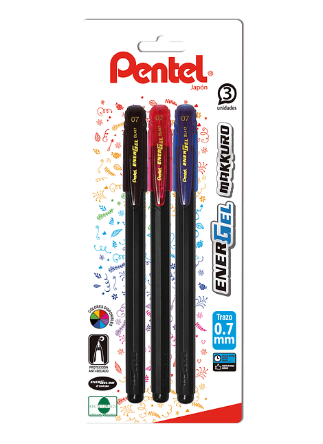 Set de 3 Lápices Tinta Gel colores negro, blanco y rojo Blister Roller, Makkuro, Pentel.