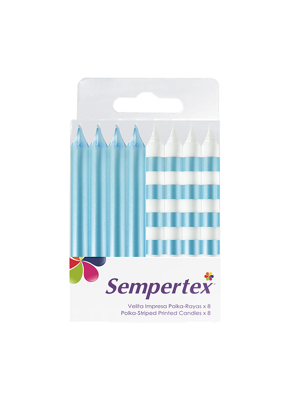 Vela Impresa Rayas Metalizada Azul Celeste x 8 Unidades 1