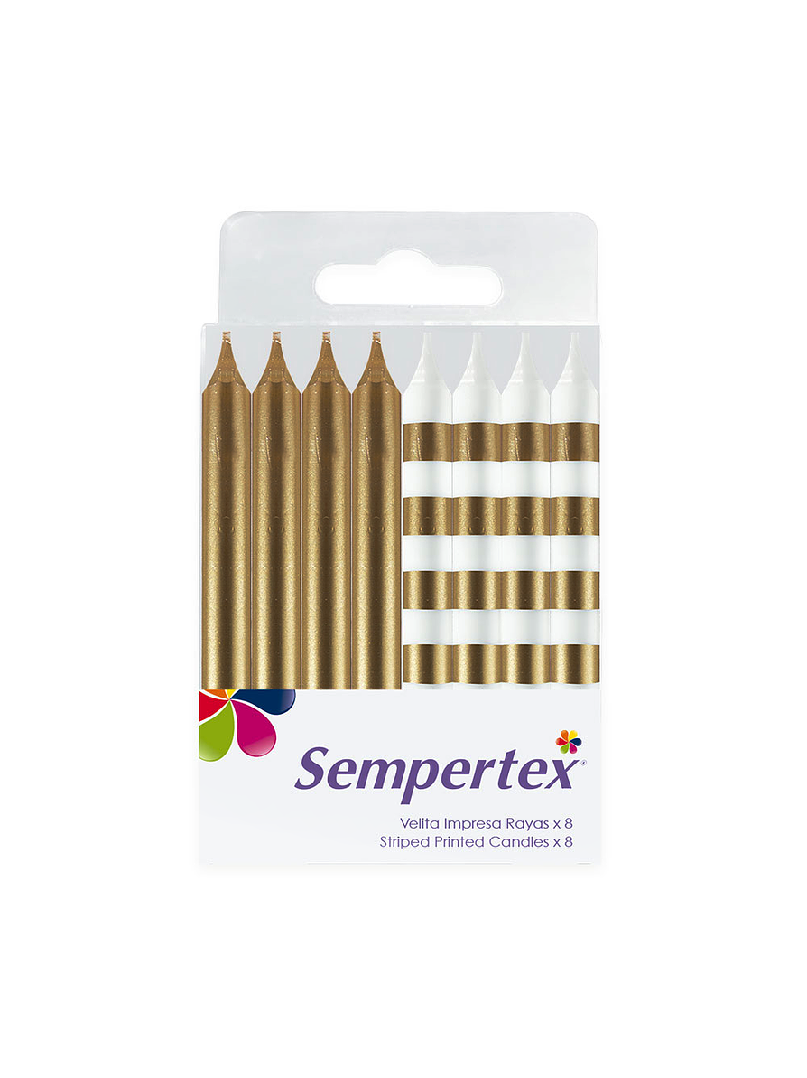 Vela Impresa Rayas Metalizada Dorada x 8 Unidades 1