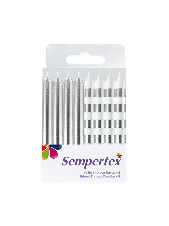 Vela Impresa Rayas Metalizada Plata x 8 Unidades 1