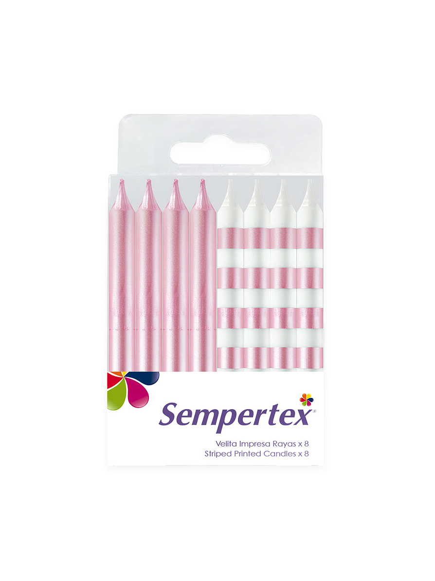 Vela Impresa Rayas Metalizada Rosada x 8 Unidades. 1