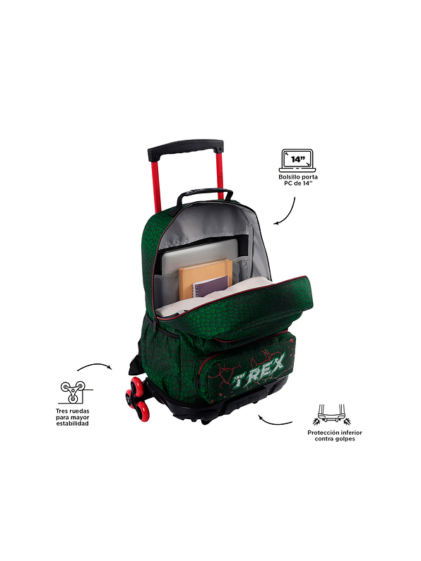 Morral Totto con 3 ruedas Niño Rex Dino Grande Verde 2
