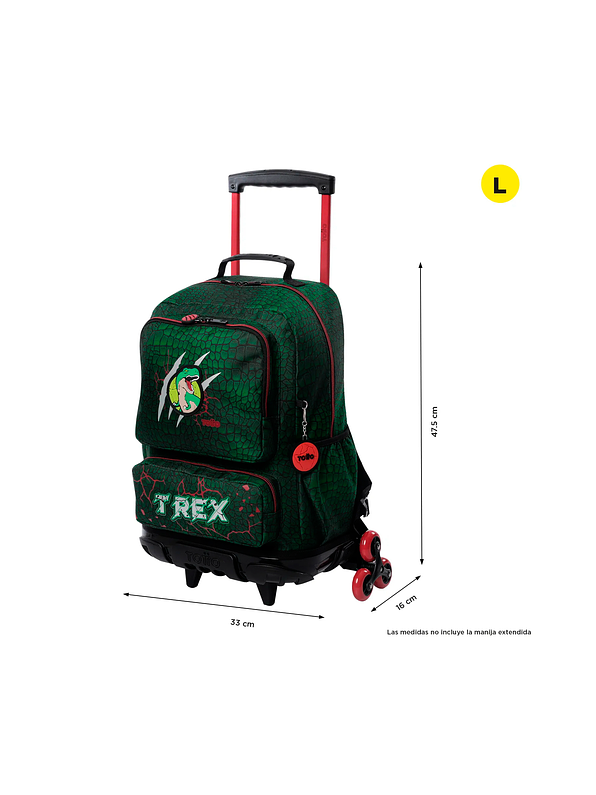 Morral Totto con 3 ruedas Niño Rex Dino Grande Verde 4