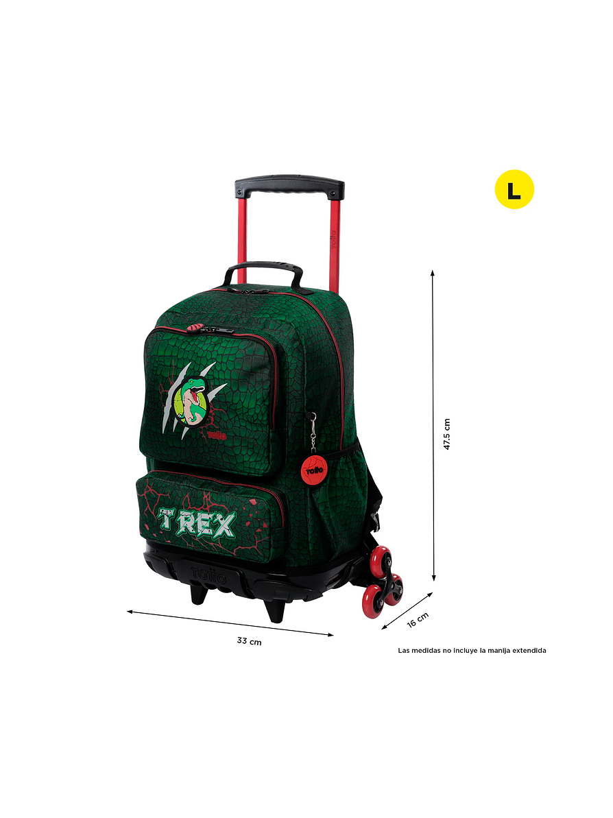 Morral Totto con 3 ruedas Niño Rex Dino Grande Verde 4