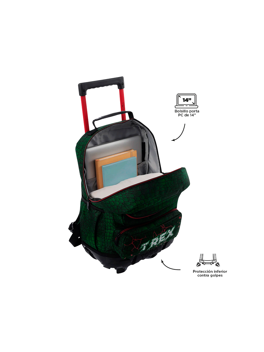 Morral Totto con ruedas Niño Rex Dino Mediano Verde 2
