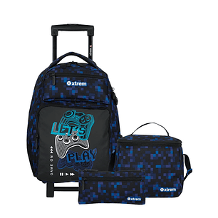 Set Xtrem Morral Con Ruedas, Cartuchera y Lonchera Runpack Azul