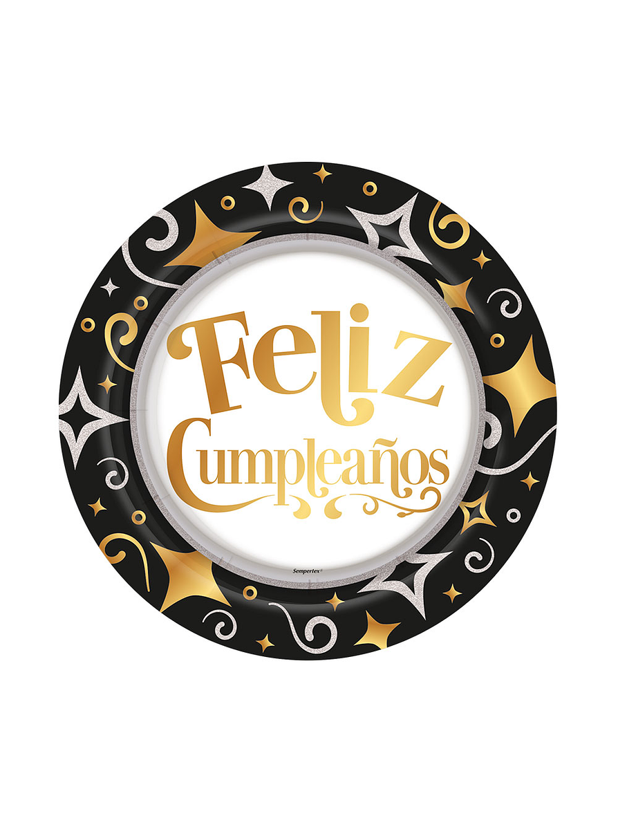 Plato 7'' Metal Felíz Cumpleaños Dorado/negro x 8 unidades 1