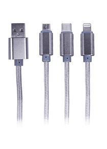 Cable 3 en 1 Philco, USB + Iphone + C, Metálico