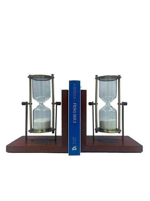 Relojes de arena sujeta libros