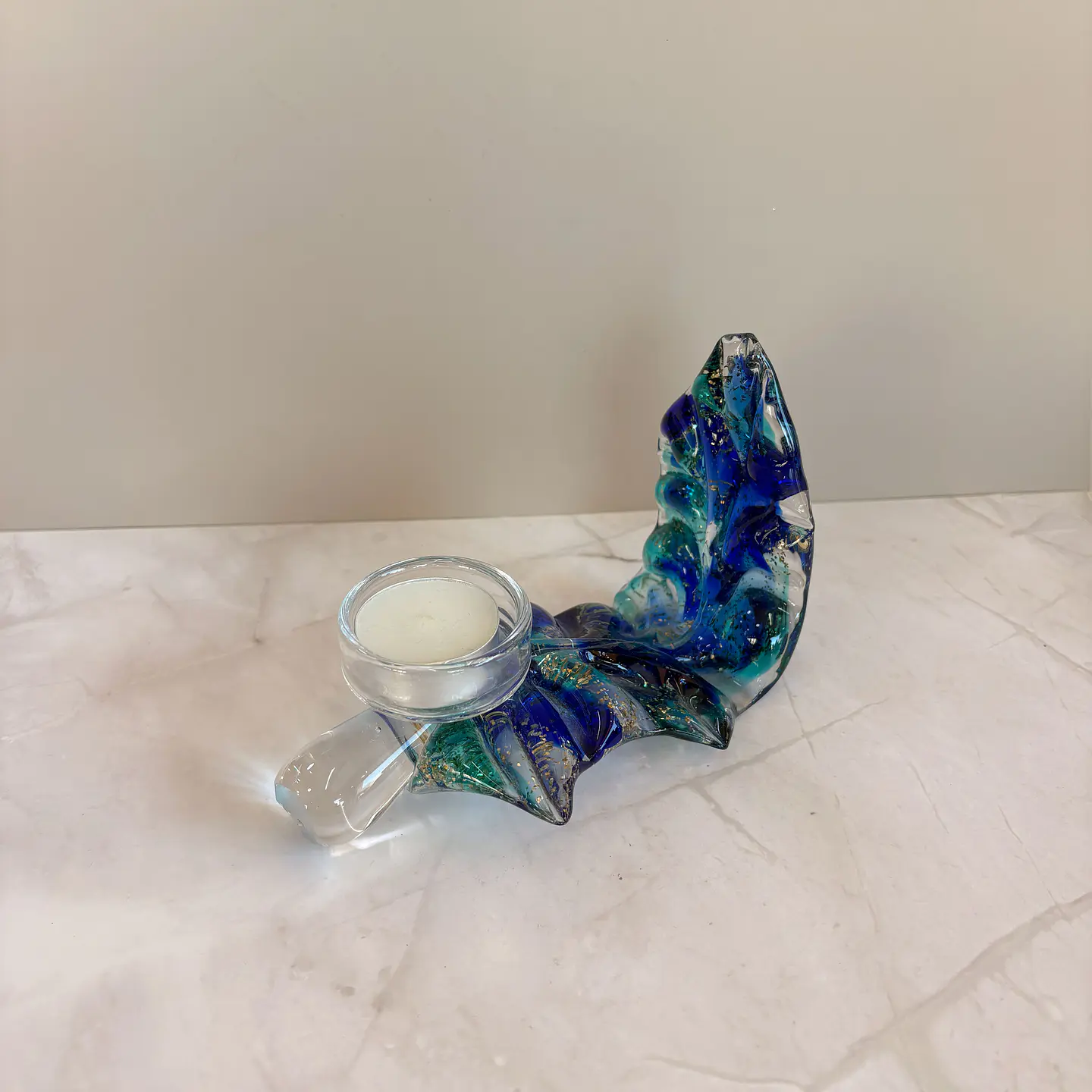 Porta vela hoja de vidrio azul 1
