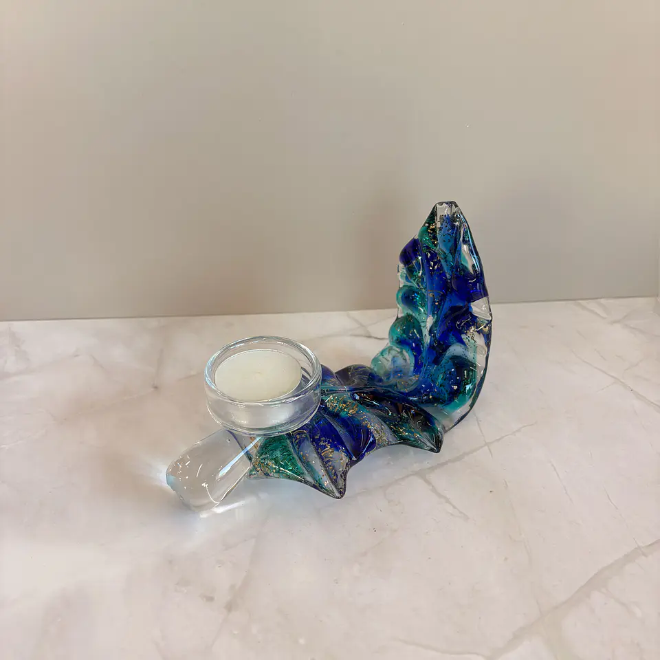 Porta vela hoja de vidrio azul 1