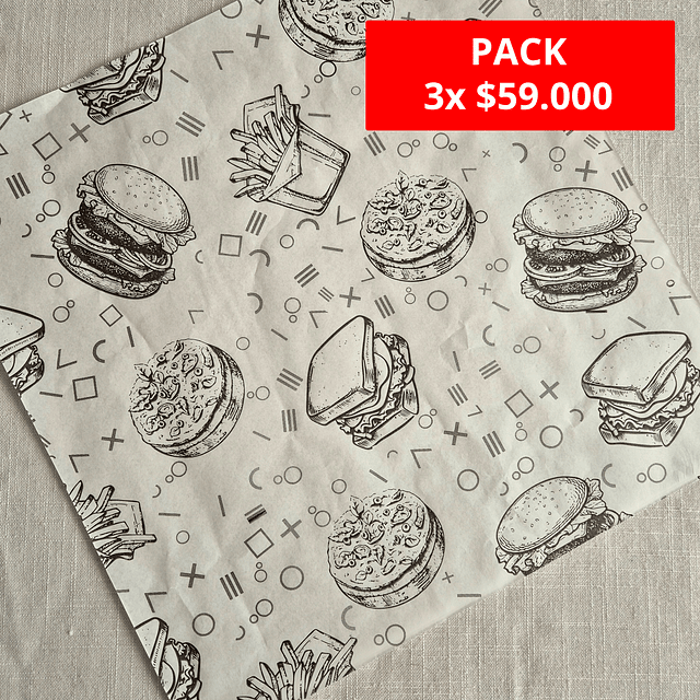 Papel Antigrasa Diseño Hamburguesas 1000 hojas 30 x 30 cms.