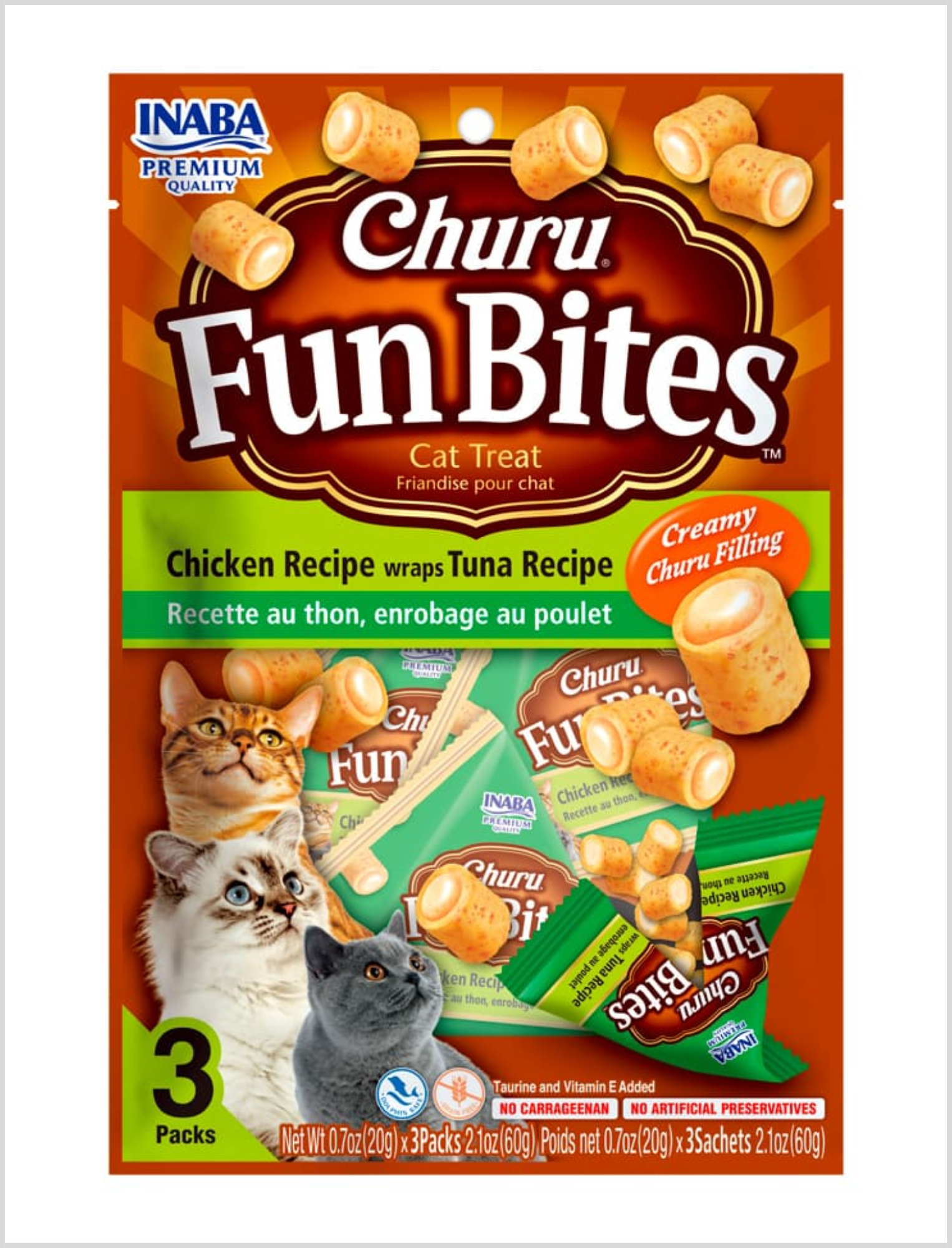 INABA Churu Fun Bites Para Gatos - Snacks Cremosos De Pollo, Atún Y Queso, Sin Conservantes, 96g (8 Unidades)
