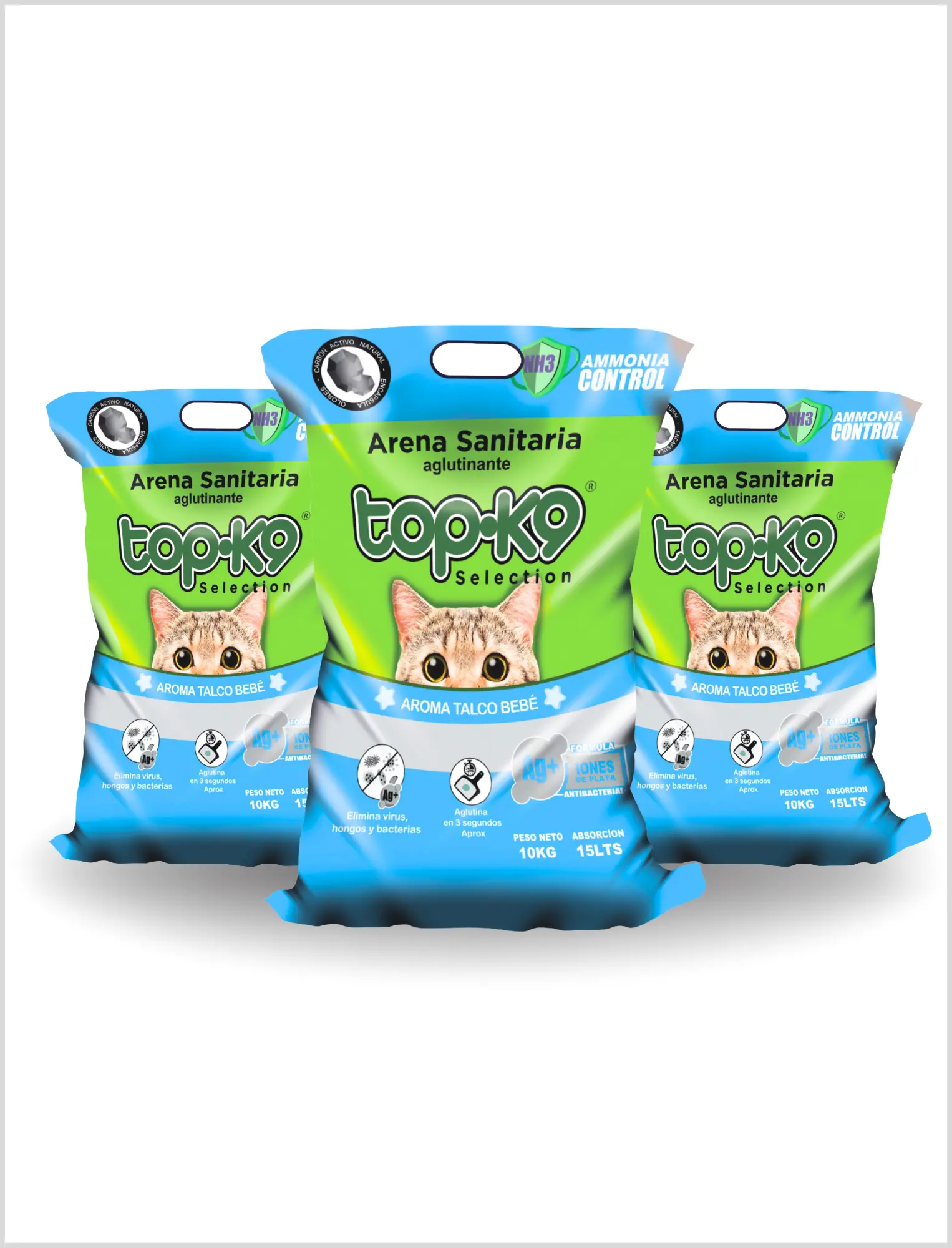 Pack 3 x Arena Aglutinante TOP K9 Aroma Talco Bebe 10 Kg (30 Kg)