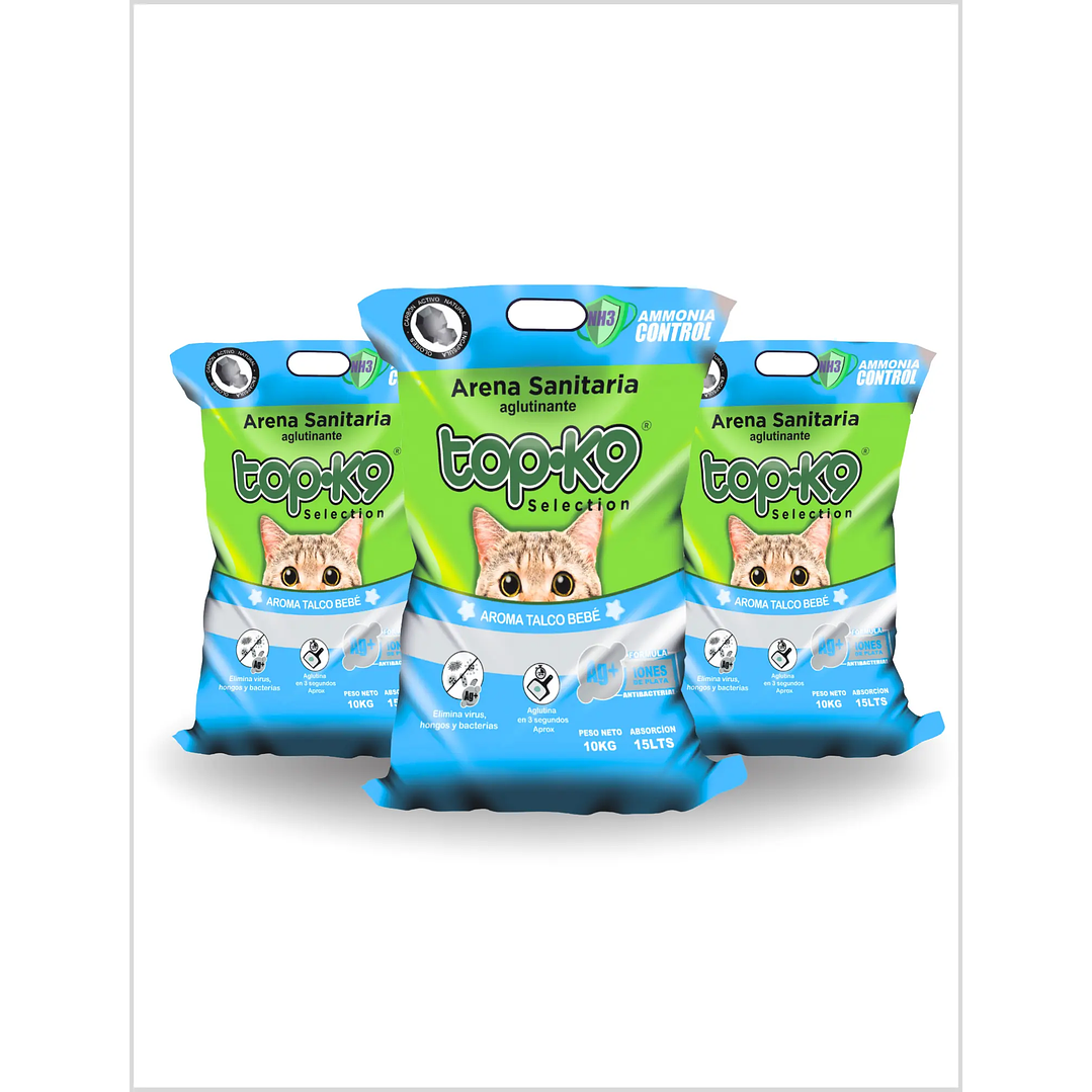 Pack 3 x Arena Aglutinante TOP K9 Aroma Talco Bebe 10 Kg (30 Kg) 1
