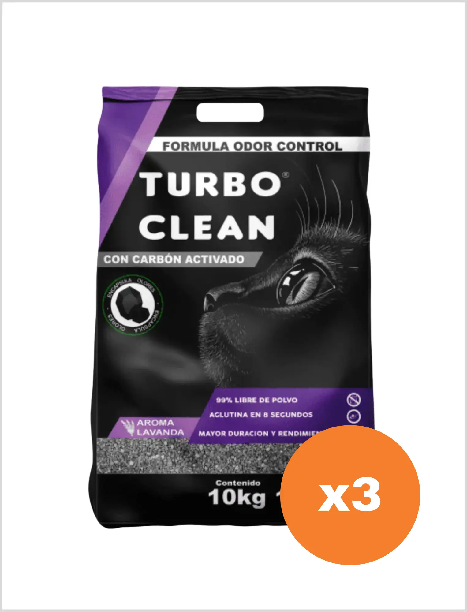 Arena Turbo Clean Carbón Activado Lavanda 10 Kg - Pack x3
