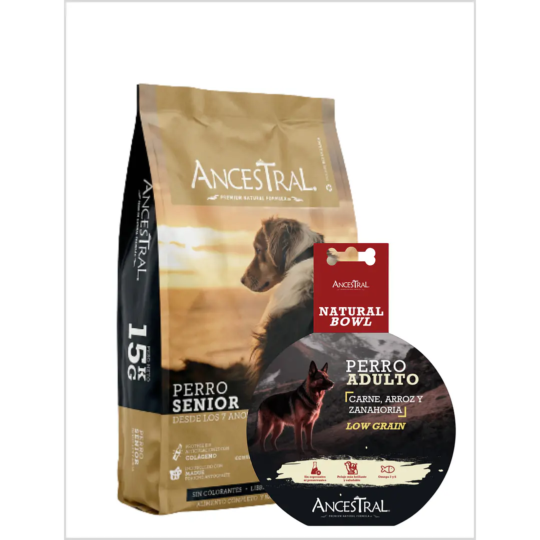 Pack Ancestral Senior 15 kg + Ancestral Natural Bowl perro 300 gr  1