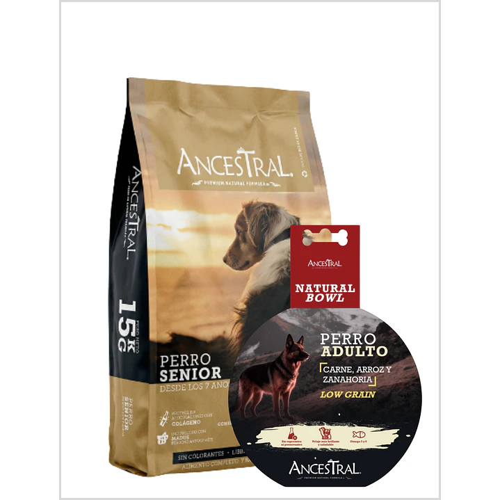 Pack Ancestral Senior 15 kg + Ancestral Natural Bowl perro 300 gr  1