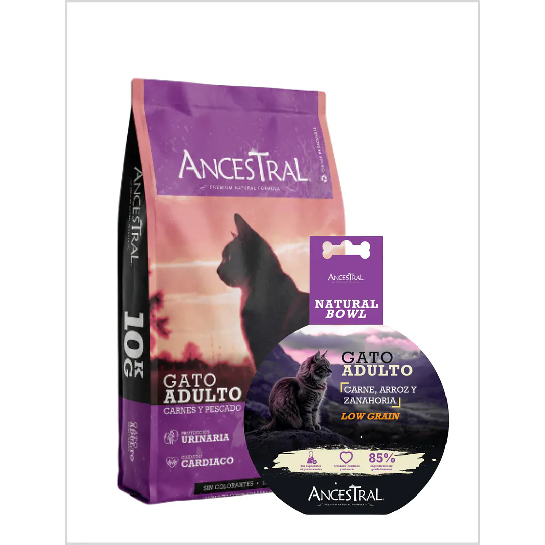 Pack Ancestral Gato Adulto 10 Kg + Ancestral Natural Bowl Gato 300 gr 1