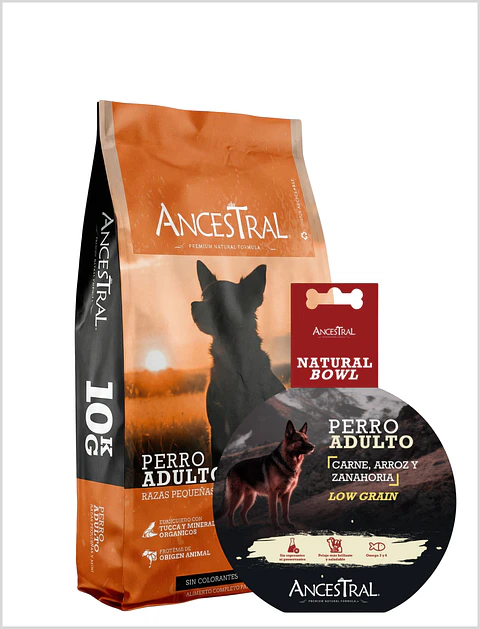 Pack Ancestral Adulto raza pequeña 10 kg + Ancestral Alimento húmedo perro 300 gr 