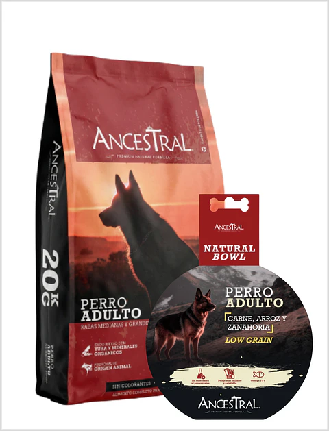 Pack Ancestral Adulto 20 kg + Ancestral Alimento Húmedo perro 300 gr 