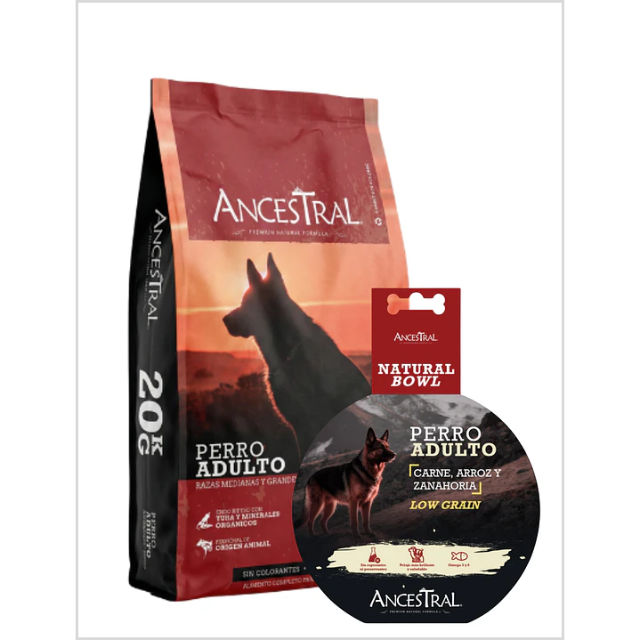 Pack Ancestral Adulto 20 kg + Ancestral Natural Bowl perro 300 gr  1