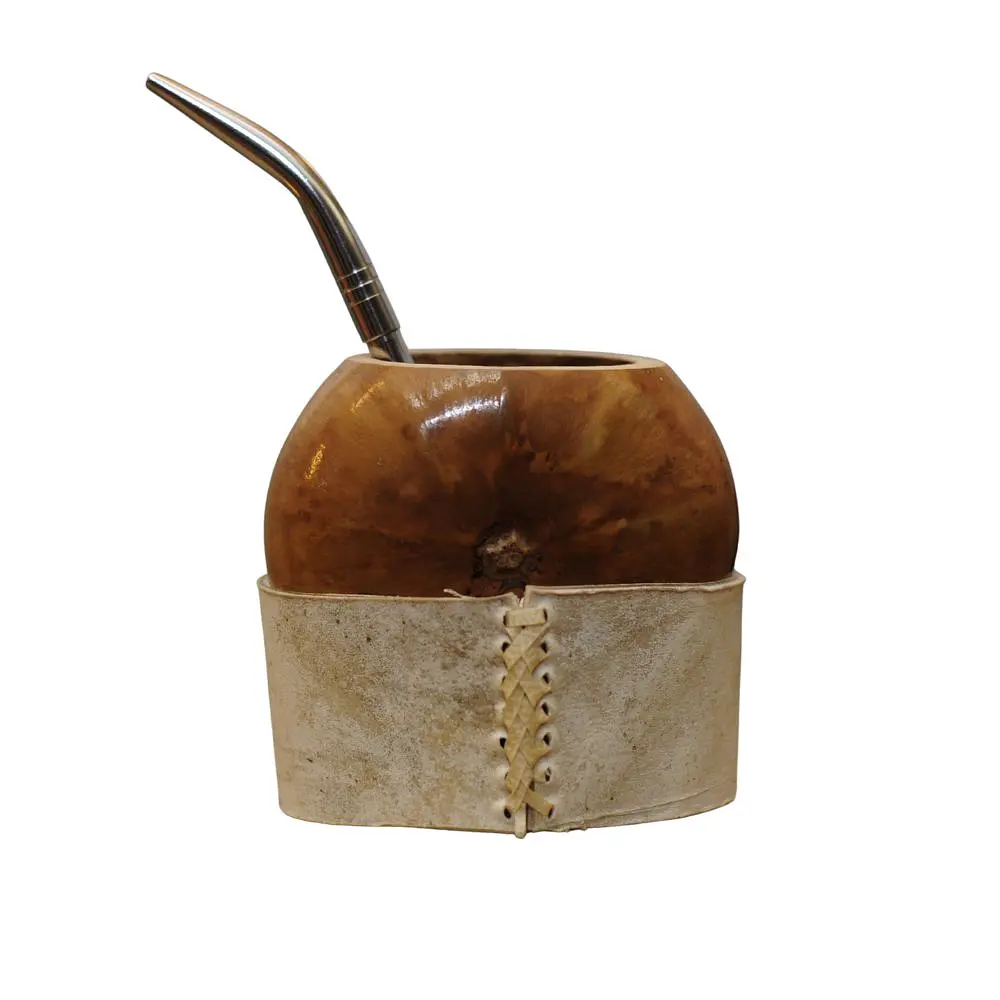 Mate criollo de calabaza galleta con soporte de cuero 
