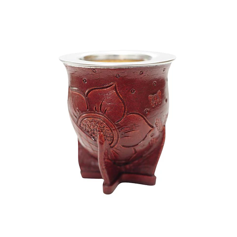 Mate camionero de calabaza forrado en cuero café o borravino repujado con virola de acero inoxidable