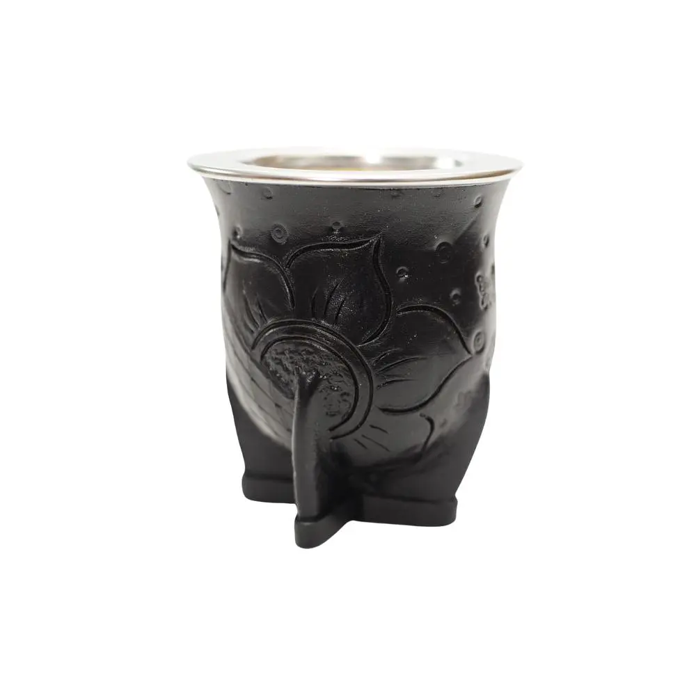Mate camionero de calabaza forrado en cuero negro repujado con virola de acero inoxidable 