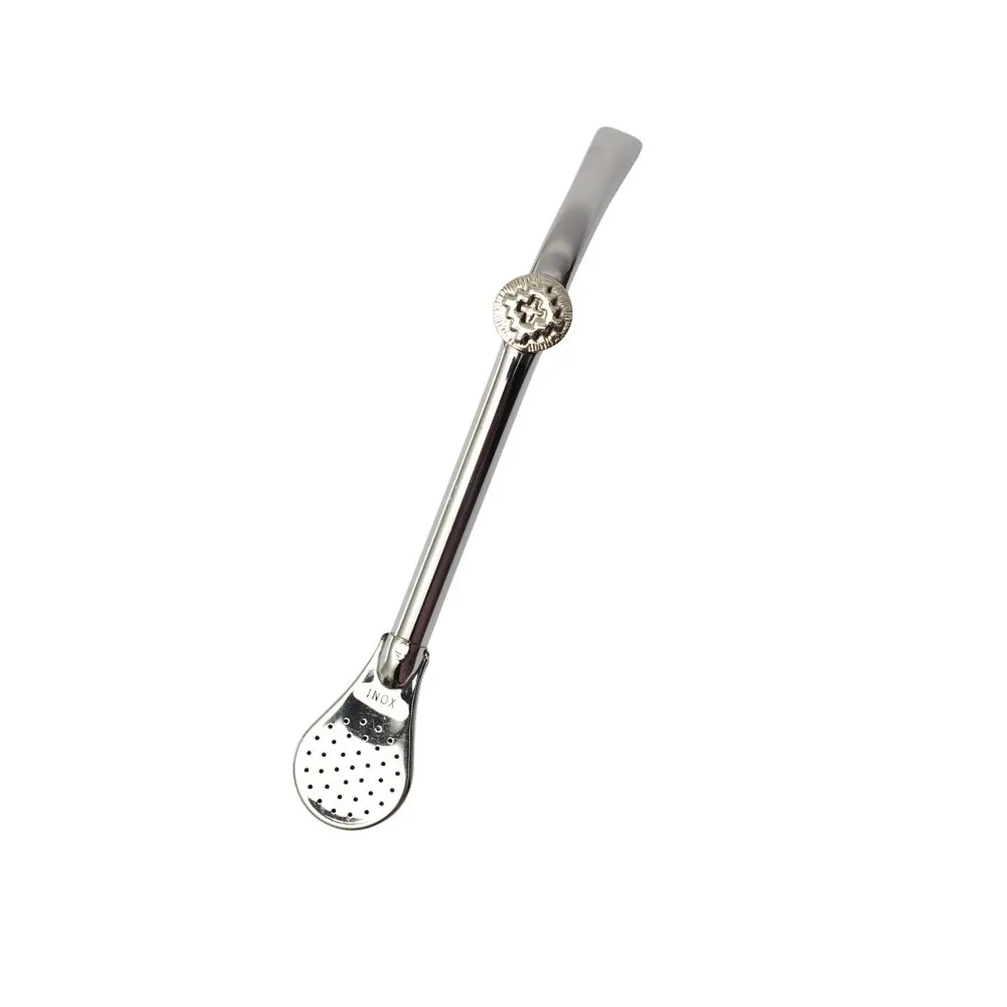 Bombilla inox pico de loro con filtro pala y dije redondo de alpaca  1