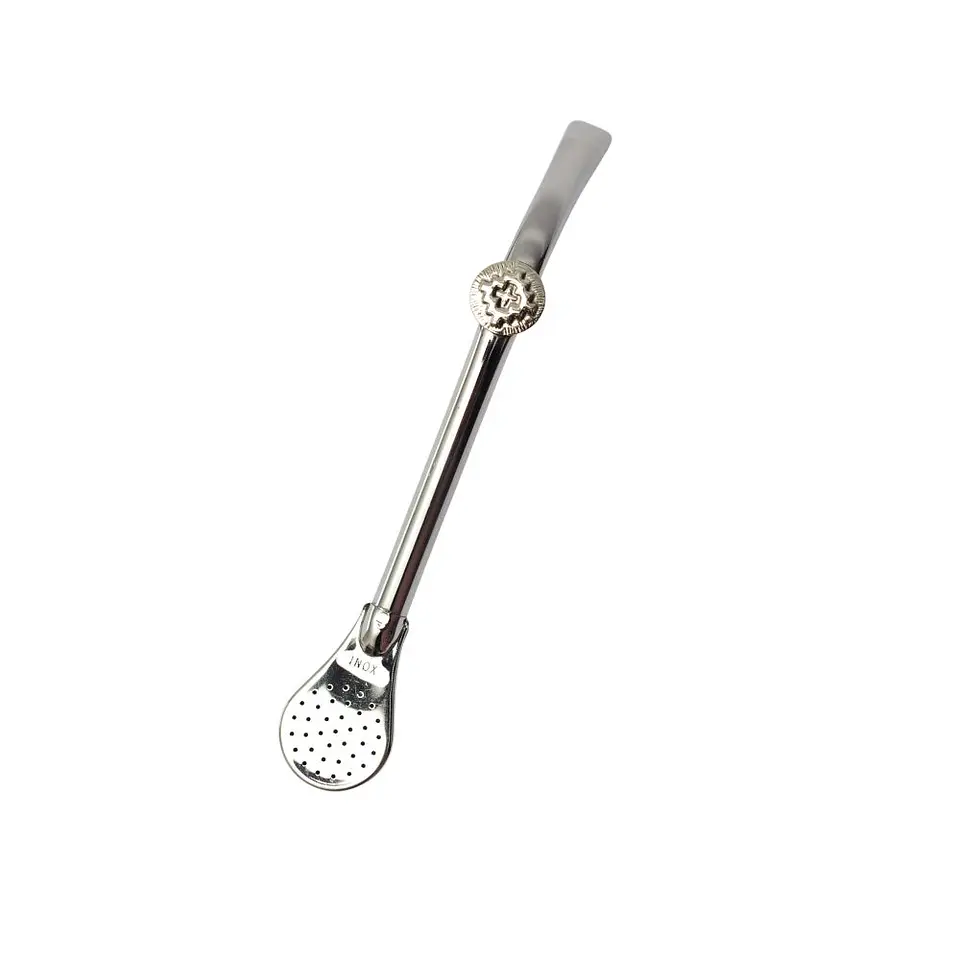 Bombilla inox pico de loro con filtro pala y dije redondo de alpaca  1