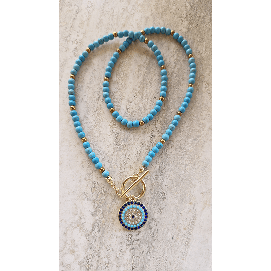 Collar Mostacillas Azul Ojo Turco Redondo
