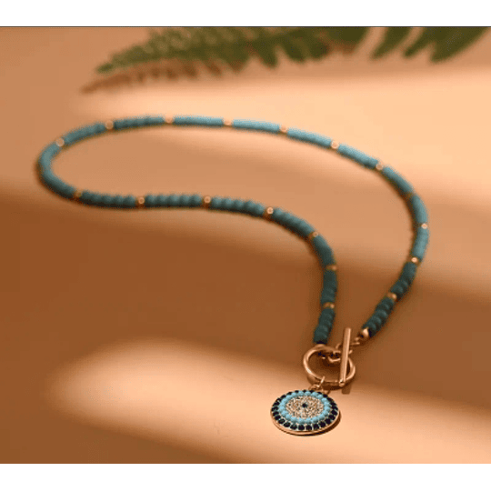 Collar Mostacillas Azul Ojo Turco Redondo